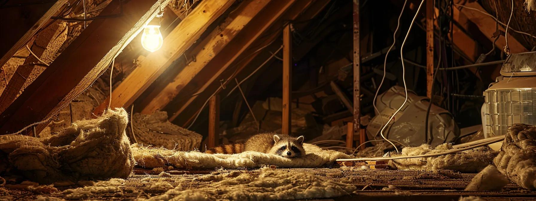 a cluttered urban attic space, dimly lit by a single bulb, showcases a raccoon nest tucked away in the corner, surrounded by scattered insulation and remnants of residential life, emphasizing the creature’s clever choice of a warm and secluded den. a cluttered urban attic space, dimly lit by a single bulb, showcases a raccoon nest tucked away in the corner, surrounded by scattered insulation and remnants of residential life, emphasizing the creature’s clever choice of a warm and secluded den.