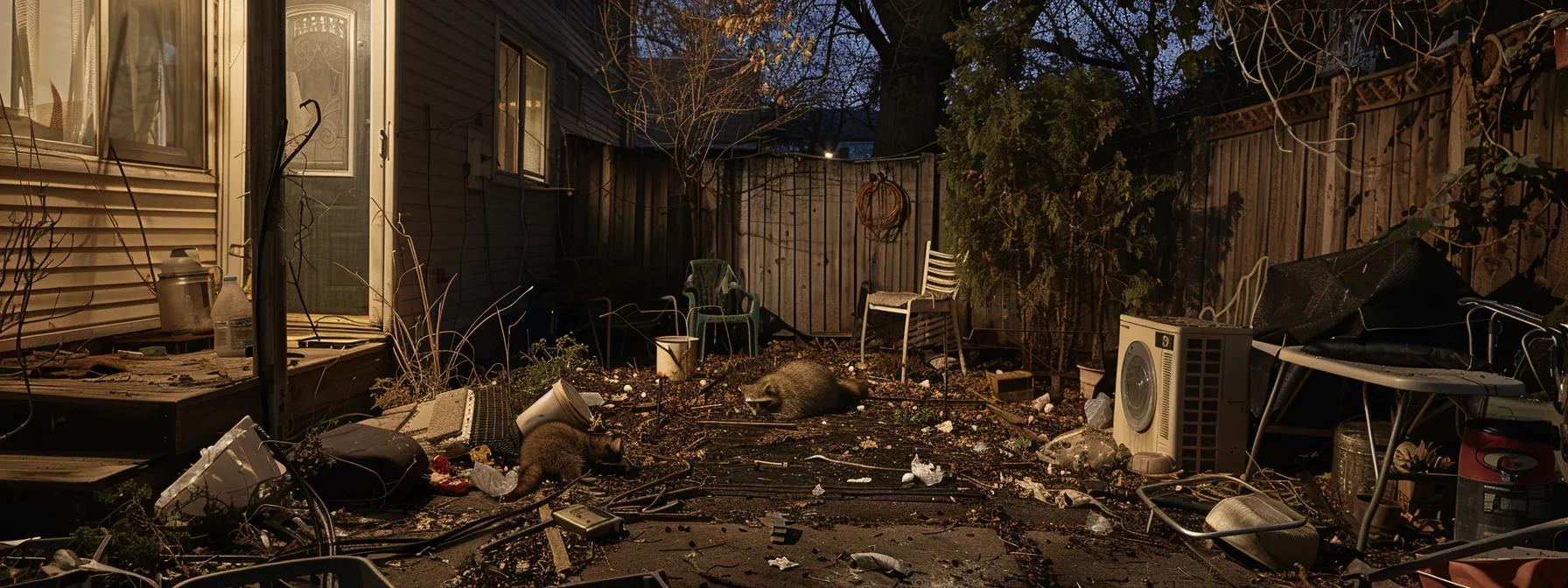 a cluttered urban backyard at dusk reveals scattered food remnants and maintenance neglect, subtly hinting at the presence of raccoons lurking in the shadows, highlighting the unforeseen human factors attracting wildlife. a cluttered urban backyard at dusk reveals scattered food remnants and maintenance neglect, subtly hinting at the presence of raccoons lurking in the shadows, highlighting the unforeseen human factors attracting wildlife.