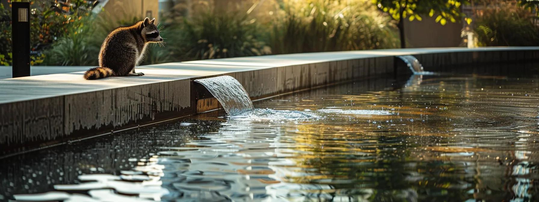 a sleek urban environment features a modern water station designed specifically for wildlife, with a curious raccoon approaching the fountain, its reflection shimmering in the polished surface of the water, emphasizing the theme of accessibility and hydration for urban mammals. a sleek urban environment features a modern water station designed specifically for wildlife, with a curious raccoon approaching the fountain, its reflection shimmering in the polished surface of the water, emphasizing the theme of accessibility and hydration for urban mammals.