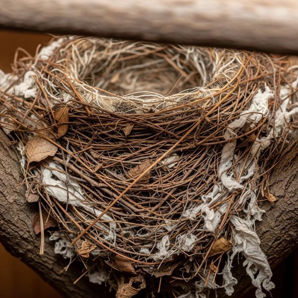 Close-up of a squirrel nest made from natural materials in a concealed location