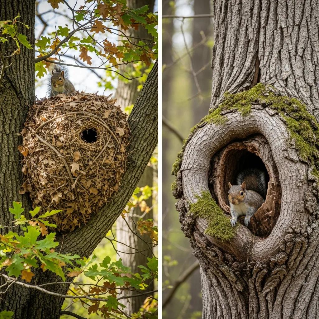 Comparison of squirrel nests: a drey in a tree and a cavity nest in a hollow, showcasing their characteristics