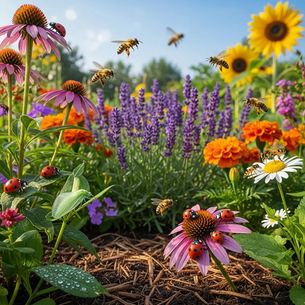 Diverse ecosystem with beneficial insects in a thriving garden