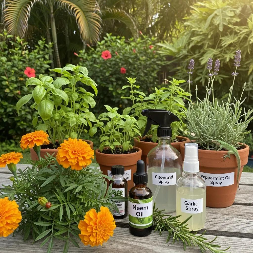 Natural pest control solutions including plants and essential oils in a sunny garden