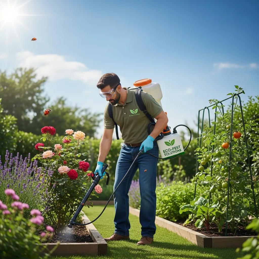 Pest control technician using eco-friendly methods in a garden