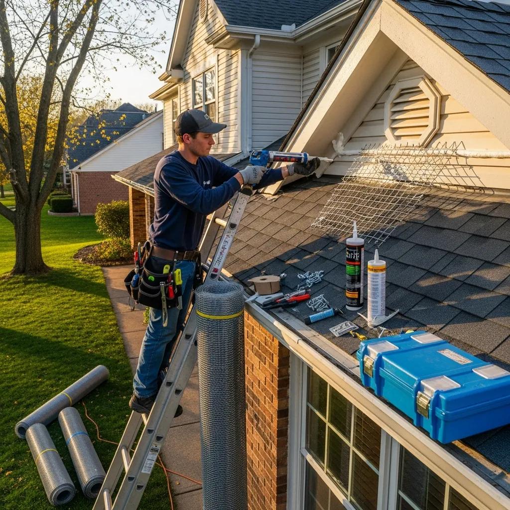 Technician sealing entry points on a house to prevent squirrel re-entry