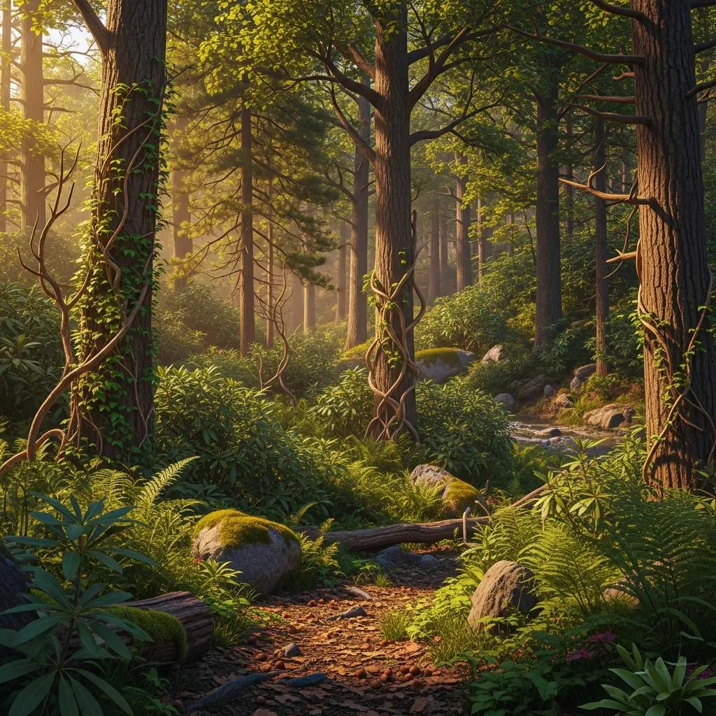 Wooded area with tall trees and dense foliage, representing ideal squirrel nesting habitat