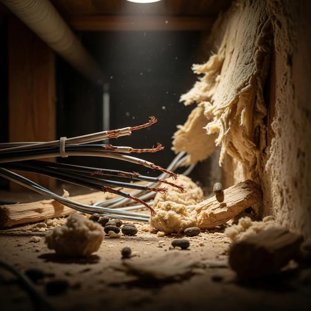 Chewed electrical wires and shredded insulation indicating squirrel damage