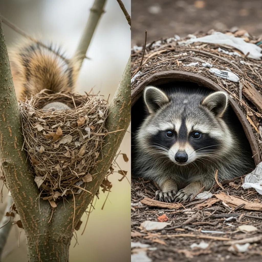Comparison of squirrel nest and raccoon den, showcasing differences in materials and locations