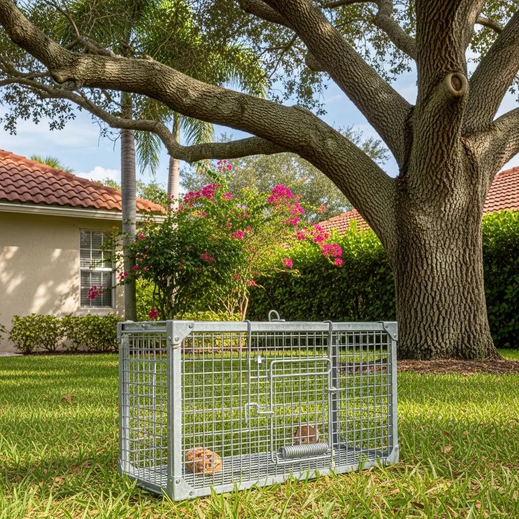 Humane squirrel trap in a backyard, illustrating effective pest removal strategies