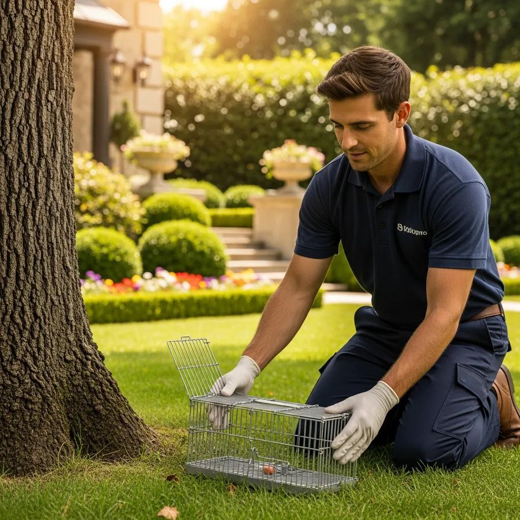 Pest control technician setting a humane trap for squirrel removal