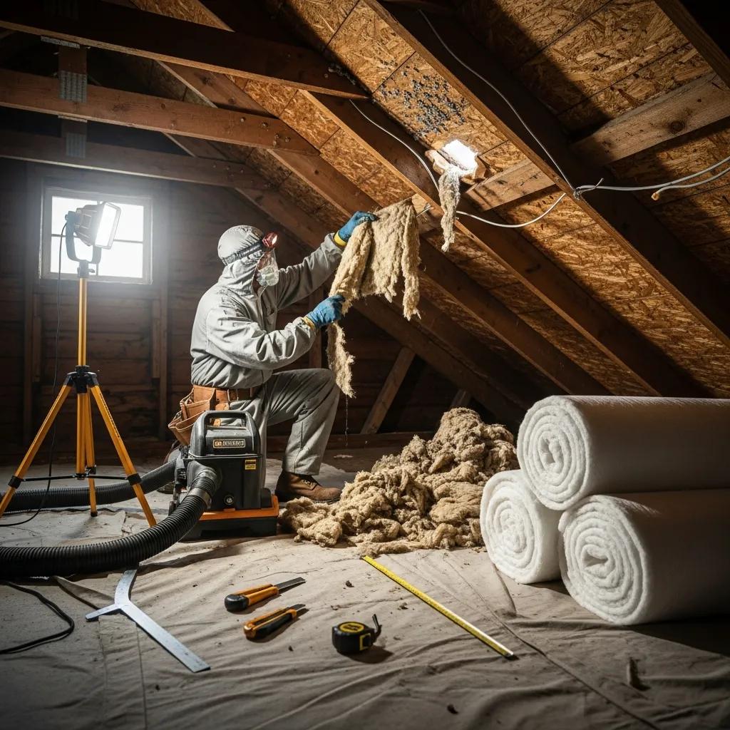 Technician repairing property damage caused by squirrels in an attic